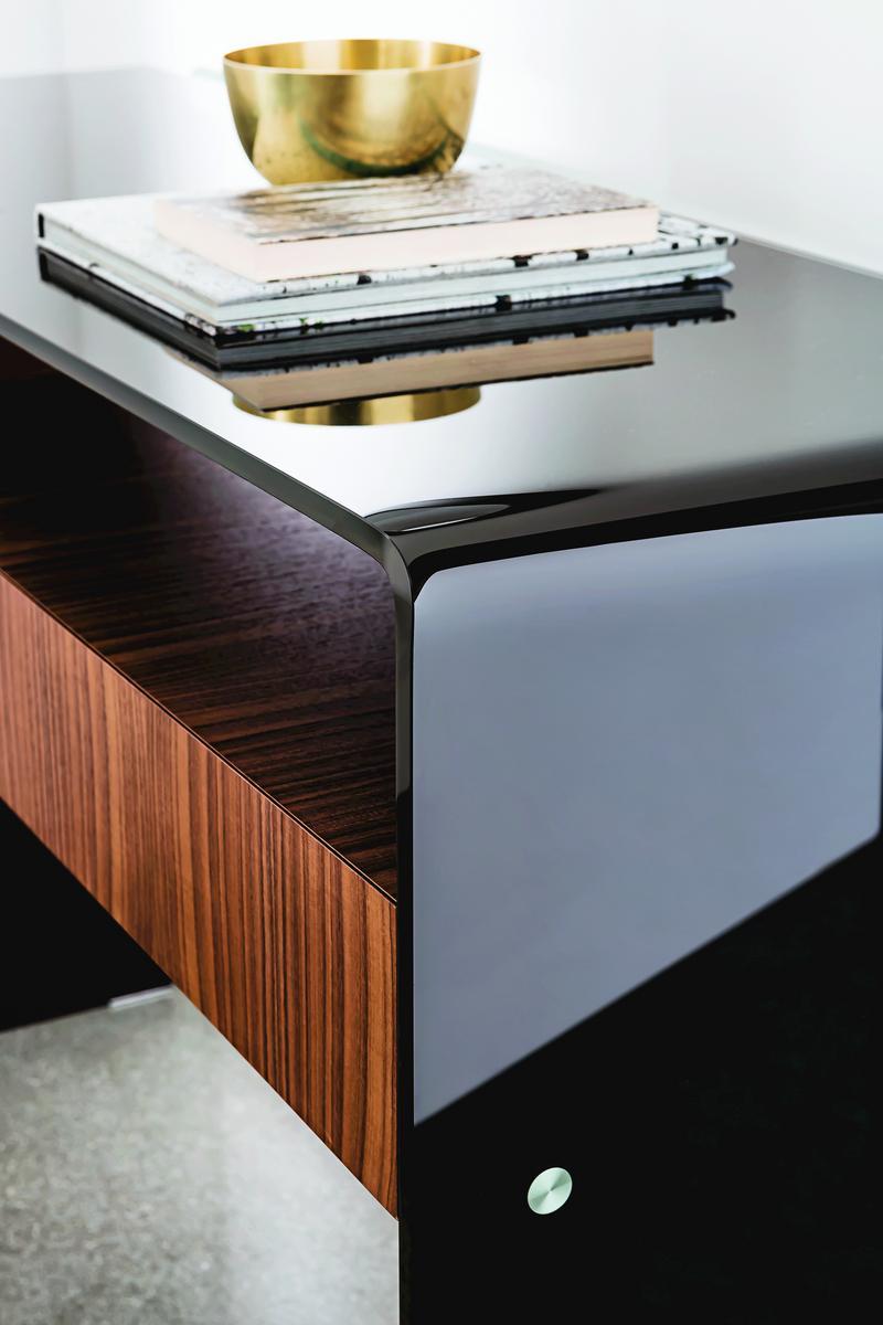 BRIDGE Rectangular glass console table with drawers