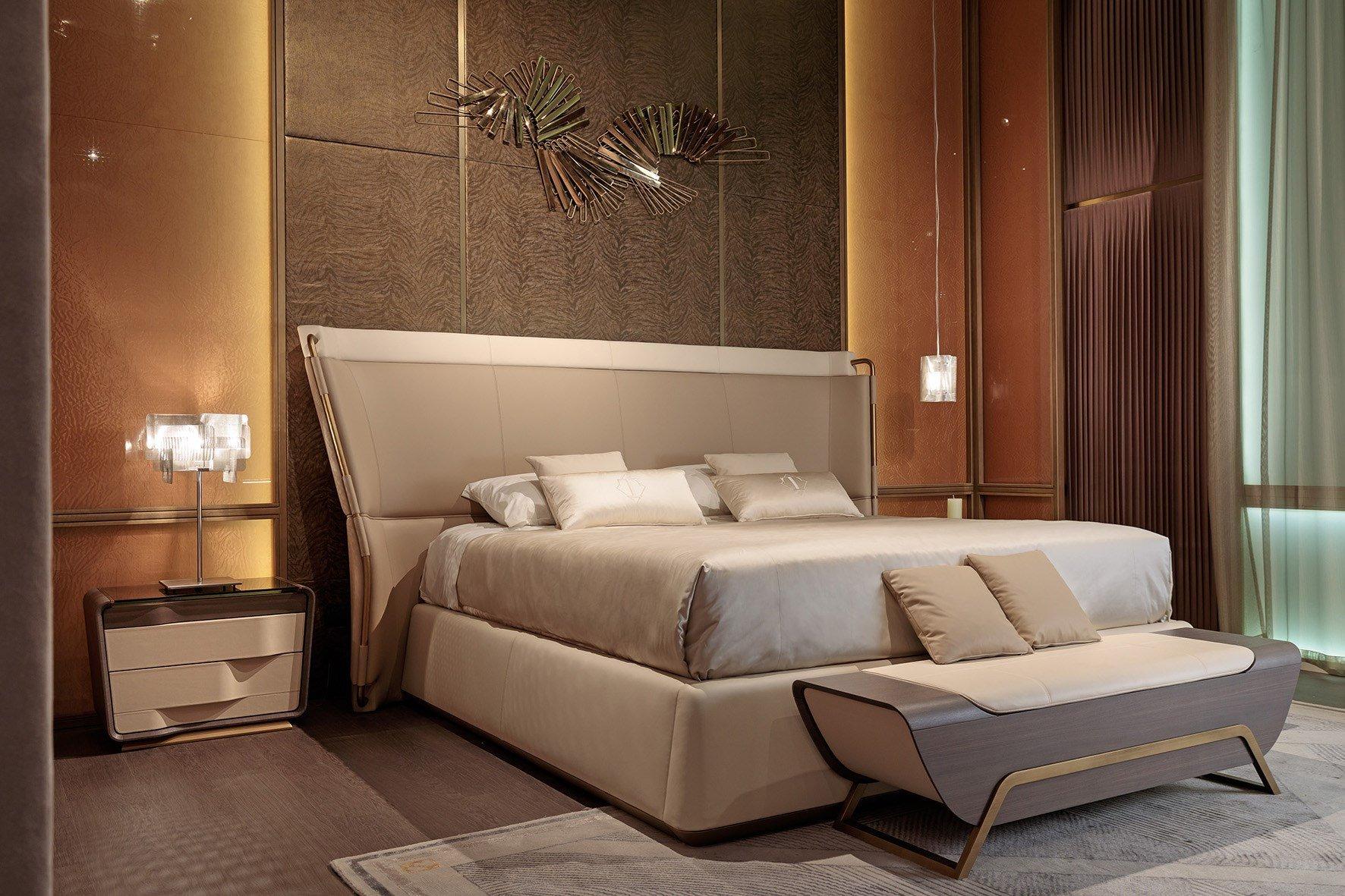 MELTING LIGHT Upholstered leather double bed with high headboard