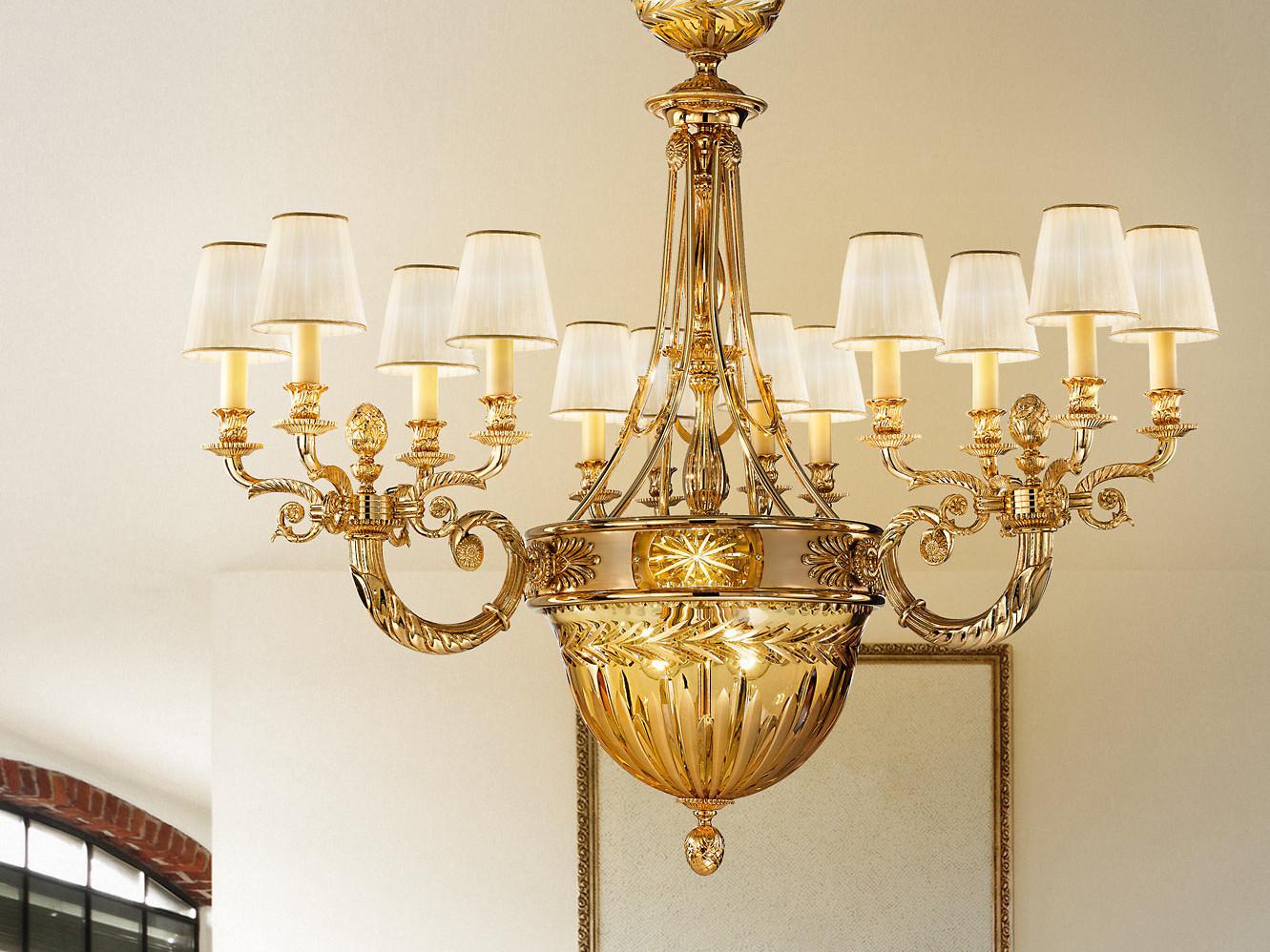 AMBER 431/15+2 Shaded gold plated chandelier with amber crystal and shades
